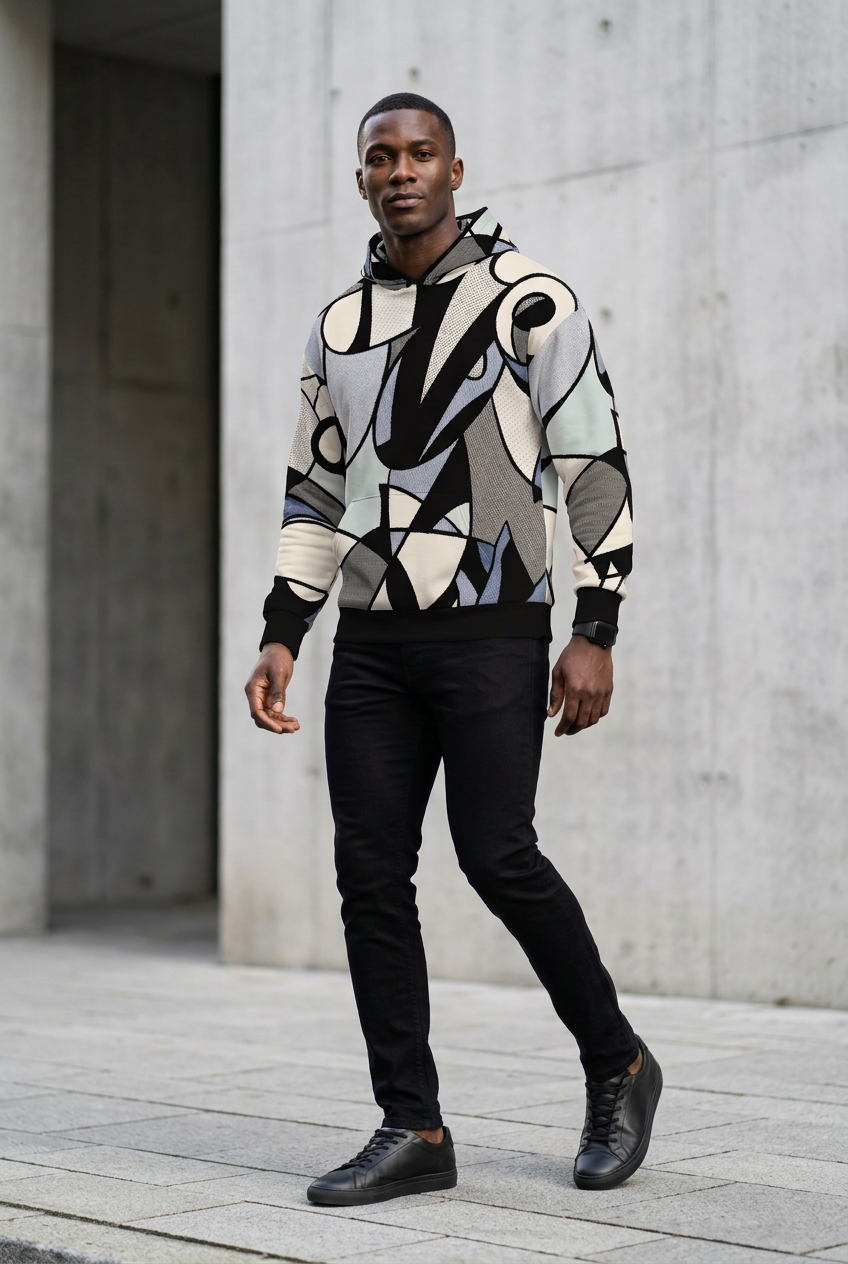 Different model wearing your hoodie with a clean-cut streetwear look