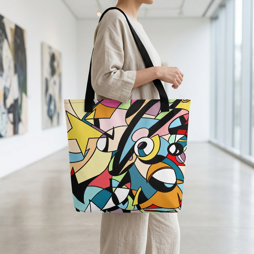 AI-generated lifestyle mockup of the Allen Jaion Prism Close-Up pop art tote with black handles, carried in an art gallery.