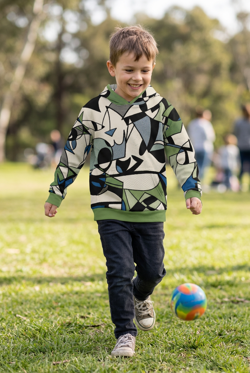 Little boy playing outdoors in your abstract-print hoodie