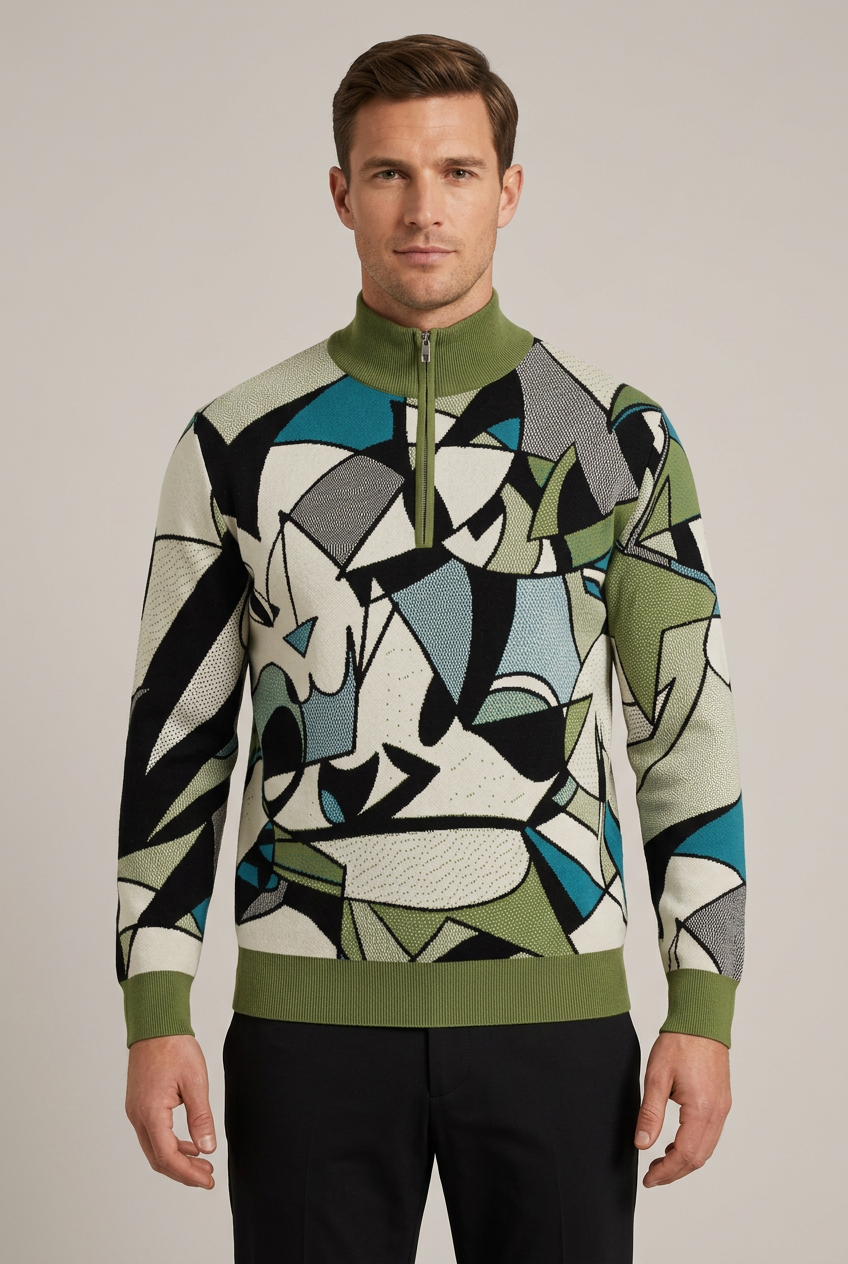 Model wearing your abstract-pattern quarter-zip sweater